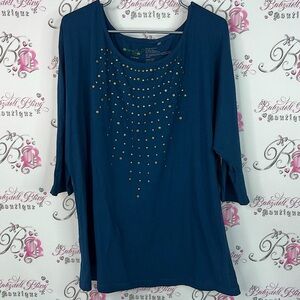 Ingreen long sleeve top organic cotton Chic Blue Blouse with Gold Details